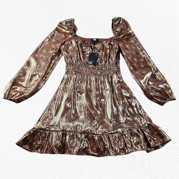Paige Noah Metallic Silk Blend Bronze Romantic Mini Dress Size Small NWT $350 - Picture 3 of 13